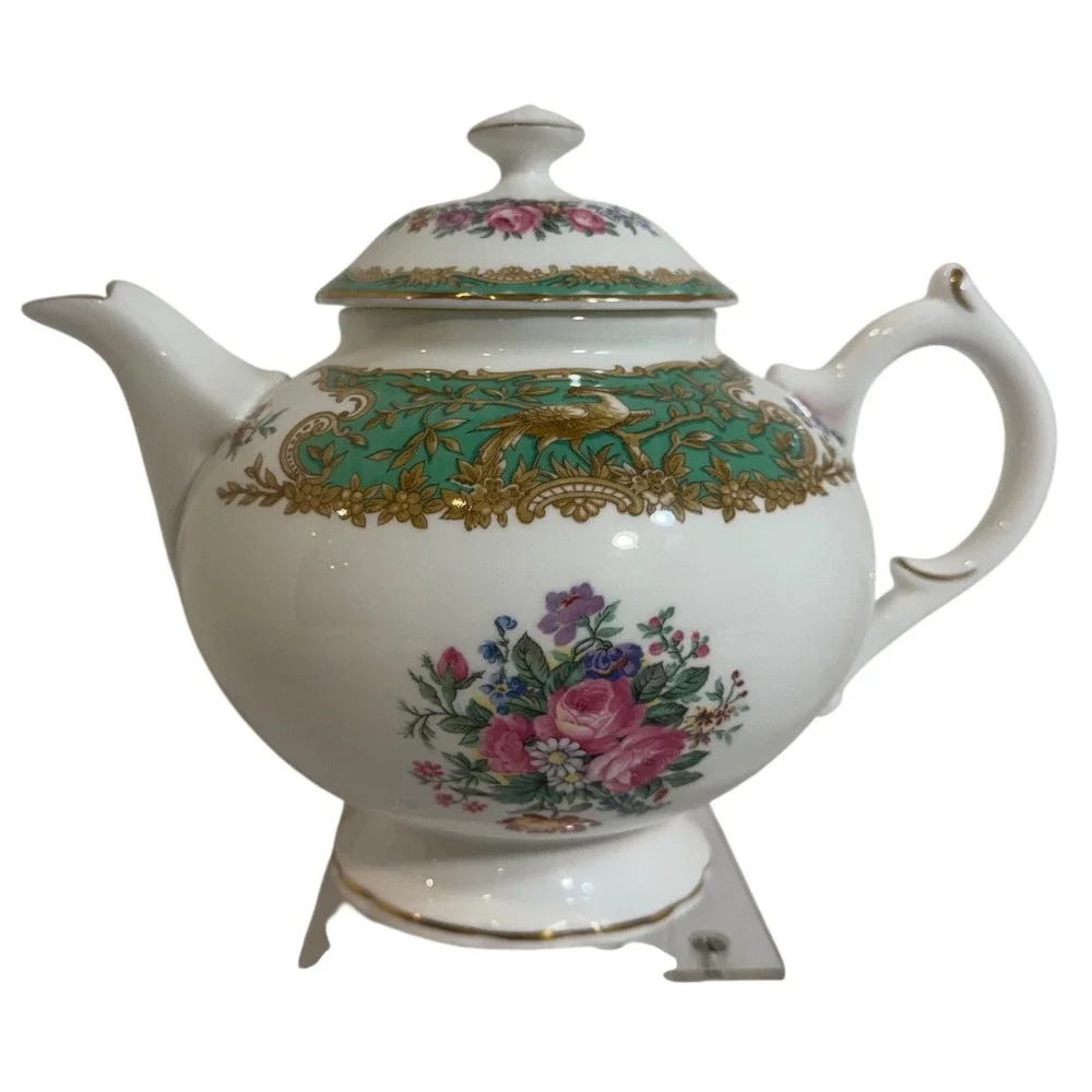 Coalport Montrose Green Bone China Teapot Floral Bird Gold Trim England 7in